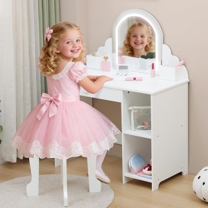 Kids Vanity with Lighted Mirror & Stool, Little Girls Vanity with Adjustable LED Light - 1 of 4