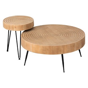 COZAYH 2-Piece Modern Farmhouse Living Room Coffee Table Set, Nesting Table Round Natural Finish with Handcrafted Wood, Ring Pattern - 1 of 4