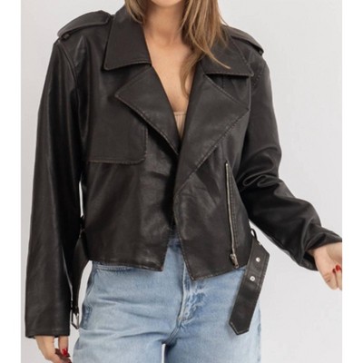 Women's LEATHER BUCKLE JACKET - OLIVACEOUS