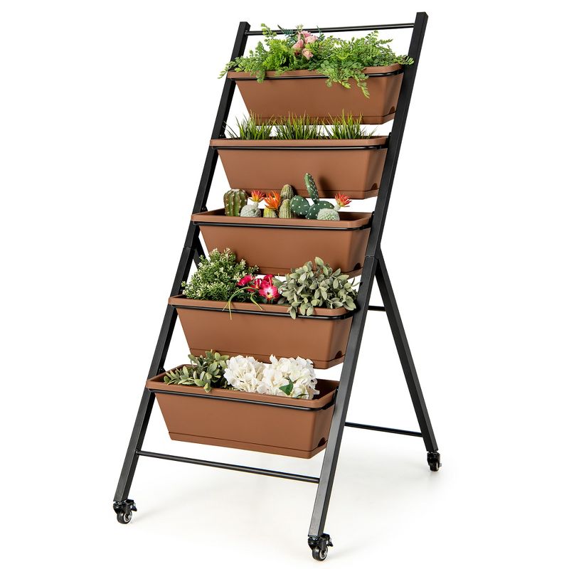 Costway 5-Tier Vertical Raised Garden Bed Elevated Planter with Wheels & Container Boxes Brown, 1 of 13