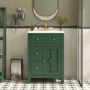 24"W Bathroom Vanity with Ceramic Basin, Bathroom Storage Cabinet with Drawers, Adjustable Shelf & Soft Close Door - ModernLuxe - 1 of 4