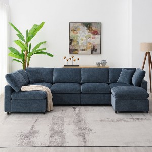 Okak 130" Convertible U-Shaped Sectional Sofa Bed W Ottoman, 6 Seat Cloud Upholstered Sleeper Sofa Free Combination for Living Room,Apartment, Blue - 1 of 4