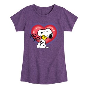 Girls' - Peanuts - Snoopy Woodstock Airbrush Heart Fitted Short Sleeve Graphic T-Shirt - 1 of 4