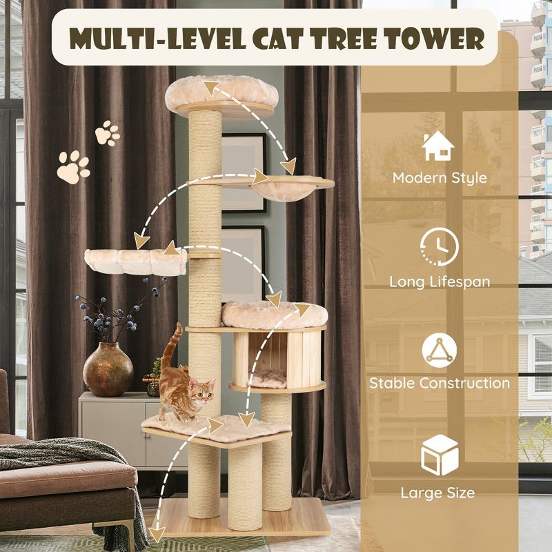 Tangkula 75" Modern Cat Tree Multi-Level Large Cat Tower w/ Hammocks Beige, 5 of 11