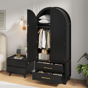 Wardrobe Closet with 2 Drawers and Arched Doors, 73" Tall Wooden Bedroom Armoires with Hanging Rod - 1 of 4