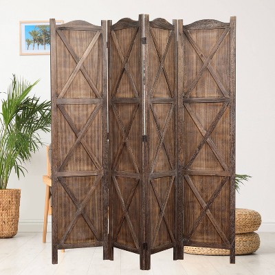 Rustic Brown Paulownia Wood 4-Panel Folding Room Divider