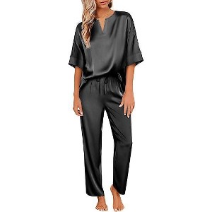 Ekouaer Satin Pajama Set Womens Silk Short Sleeve V Neck Shirt with Long Pant Soft Loungewear Pjs Set - 1 of 4