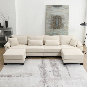Whisen U-shaped Corduroy Modular Sectional Sofa, 6-seat Convertible Sofa Bed with Armrest Bag - 1 of 4