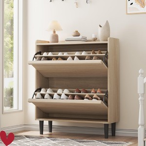 Shoe Cabinet with 2 Flip Drawers Wooden Shoe Organizer w/Adjustable Shelf Shoe Storage - 1 of 4