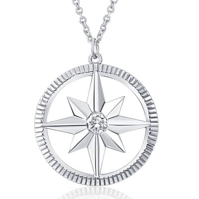 Pompeii3 Compass Diamond Solitaire Pendant 14k White Gold Women's Necklace