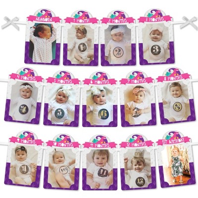 Big Dot of Happiness 1st Birthday Roar Dinosaur Girl - DIY ONEasaurus Dino First Birthday Party Decor - 1-12 Monthly Picture Display - Photo Banner