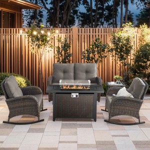 5 Piece Outdoor Patio Furniture Set with 50000BTU Propane Fire Pit Table, Deep Seating Wicker Rocker Chairs and Loveseat Glider Patio Conversation Set - 1 of 4
