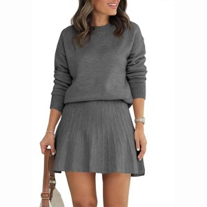 Imily Bela Womens Skirt 2 Piece Sweater Set Long Sleeve Crewneck Sweaters Pleated Mini Skirt Knit Lounge Sets - 1 of 4