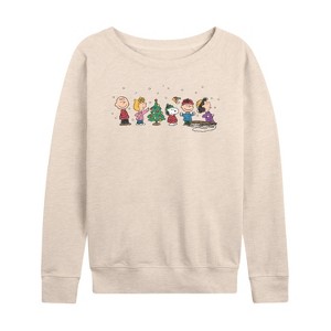 Women's - Peanuts - Peanuts Christmas Group Lightweight French Terry Wide Neck Long Sleeve Graphic Shirt - 1 of 4