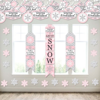 Big Dot of Happiness Pink Winter Wonderland - Wall and Door Hanging Decor - Holiday Snowflake Birthday Party and Baby Shower Room Decoration Kit