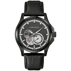 Caravelle by Bulova Men's Automatic Watch: Black Stainless Steel Case, Black Leather Strap, Skeleton Dial, 24-Hour Time, Gold Accents, Model 45A153 - 1 of 4