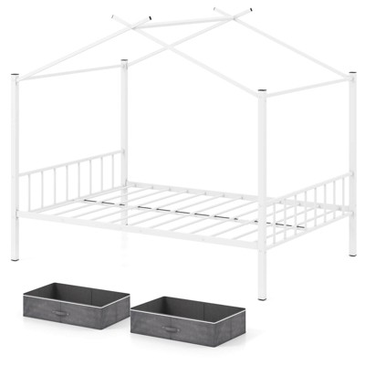 Safstar Full Size Metal House Bed with 2 Fabric Drawers Heavy-Duty Platform Bed White