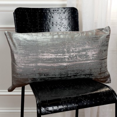 Silver Foil Printed Cotton Lumbar Throw Pillow 14" x 26"