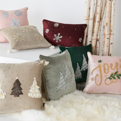 Green Velvet Christmas Tree Accent Pillow, 19" Square