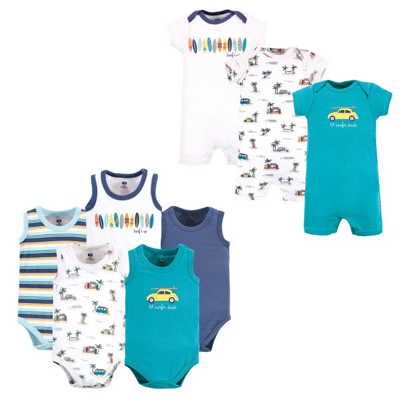 Hudson Baby Infant Boy Cotton Bodysuits and Rompers, 8-Piece, Surfer Dude, 1 of 2