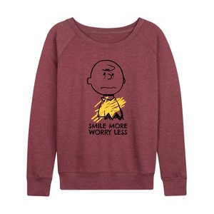 Women's - Peanuts - Smile More Worry Less Lightweight French Terry Wide Neck Long Sleeve Shirt - 1 of 4