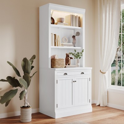 83.4"H Tall Bookshelf with LED Lighting, Modern Storage Bookcase with Open Shelves and Drawers/Desks/Doors, White-ModernLuxe