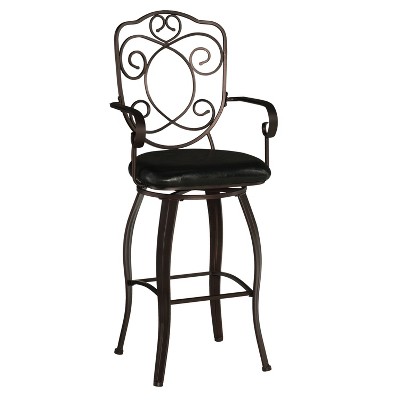 30&#34; Clacy Crested Back Faux Leather Padded Seat Barstool with Arms Brown - Linon: Swivel, Metal Frame, Upholstered