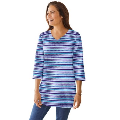Woman Within Women's Plus Size Perfect Printed Three-Quarter-Sleeve V-Neck Tunic