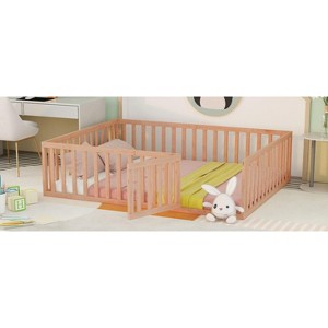 CAVINAS Queen Size Wood Montessori Bed,Modern Floor Bed Frame with Safety Fence and Door,Toddler Bed for Bedroom,Natural - 1 of 4