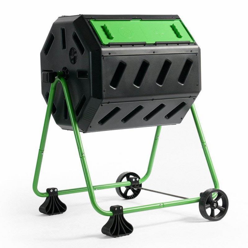 FCMP Outdoor HOTFROG 37 Gallon Plastic Dual Chamber Tumbling Composter Outdoor Elevated Rotating Garden Compost Bin, Green/Black, 2 of 7