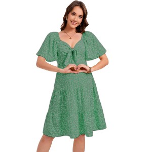 Coolmee Women Summer Maternity Midi Dresses for Baby Shower Knotted V Neck Ruffle Tiered Short Sleeve Knee Length Tie Front Dress - 1 of 1