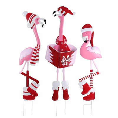 Christmas Metal Flamingo Trio Yard Art Decorative Holiday Scene Props - Haute Décor