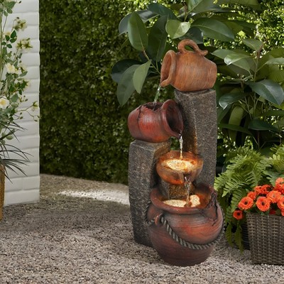 Rustic Brown Poly Resin 3-Tier Outdoor Fountain with LED Lights