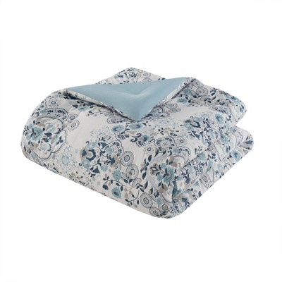 Blue Floral Cotton Down Alternative Comforter Set, Full