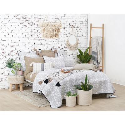Beige Cotton Blend Textured Throw Pillow with Tassels
