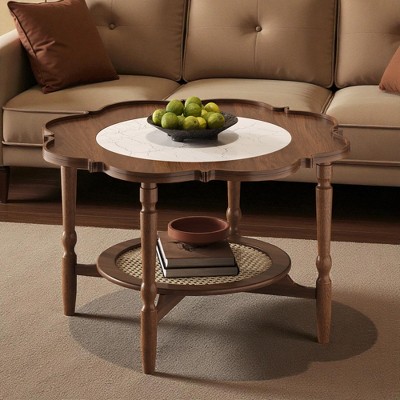 Mshliw Petal-Shaped Coffee Table with Crackle Glass Top and Rattan Shelf, 2-Tier Rubber Wood Frame, Sofa Table, 31.5''