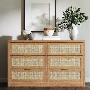 53" Rattan 6-Drawer Boho Dresser ¨C Light Oak Wood Chest with Metal Handles, Large Clothes Storage Cabinet & TV Stand for Bedroom, Living Room - 1 of 4