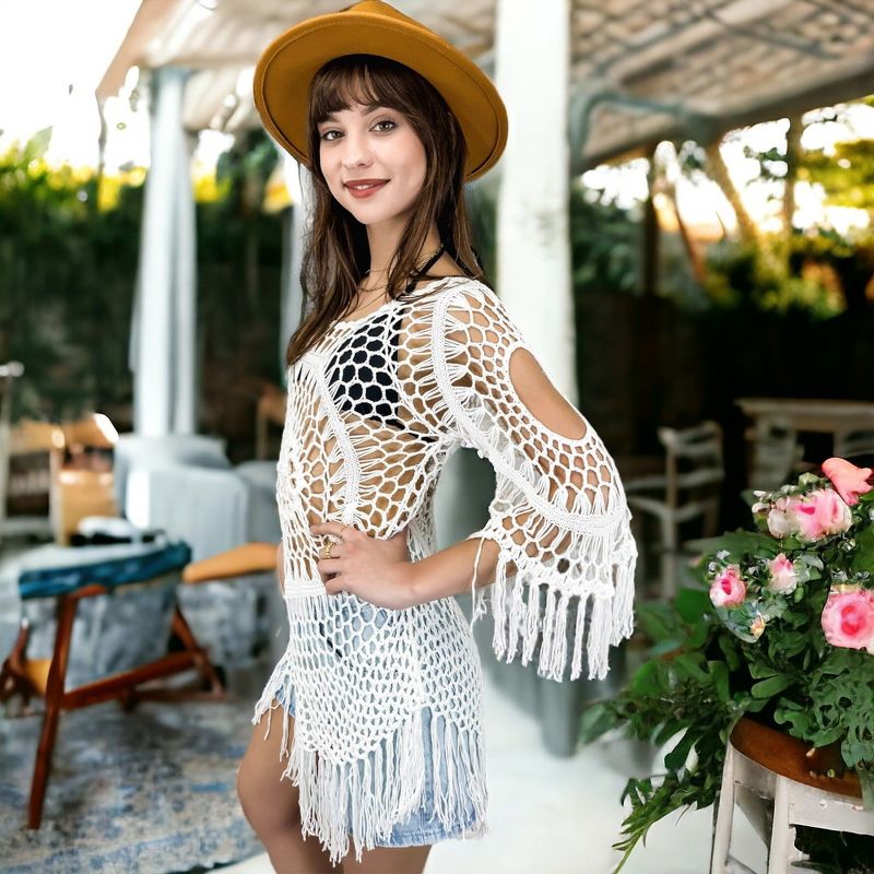 Anna-Kaci Women's White Crochet Cover Up Bathing Suit 3/4 Sleeve Tassel Dress Beach Wear, 3 of 6
