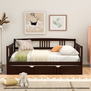 Full Size Daybed Bed with Pull-Out Trundle and Guard Rails, Solid Pine Wood Sofa Bed for Guest or Kids Room-Baofuwish - 1 of 4