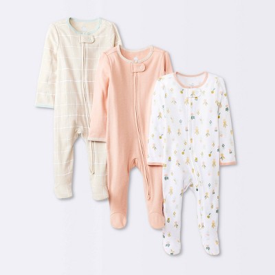 Image of Baby Girls' 3pk Tight Fit Zip-Up Sleep N' Play - Cloud Island™ Beige 3-6M