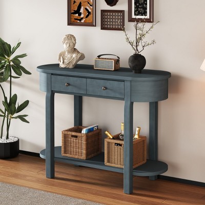 Retro Solid Wood Console Table, Curved Design with 2 Drawers & Open Shelf, Entryway & Living Room Furniture – Cuddlewood