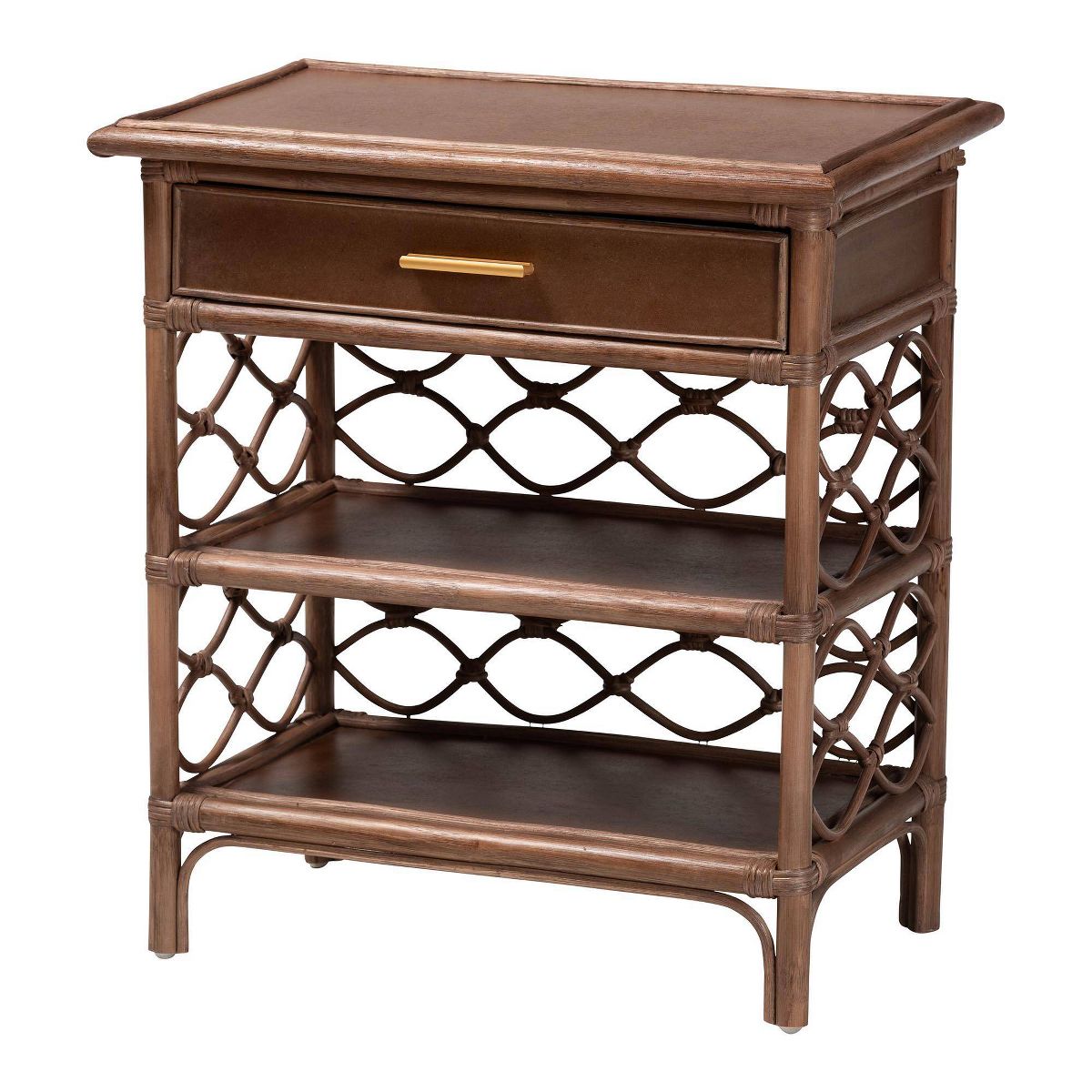 bali & pari Akane Natural Rattan Nightstand with Drawer and Open Shelves Antique Brown