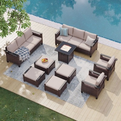 Sonkuki 9 Pieces Patio Sofa with Square Fire Pit Table and Ottomans, Patio Conversation Couch with Cushion