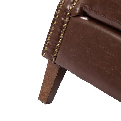Brown Faux Leather Armchair with Nailhead Trim and Wood Frame