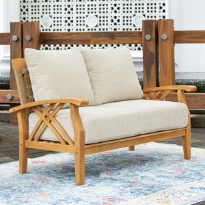 Cambridge Casual Carmel Teak Wood Patio Outdoor Loveseat with Tan Cushion - 1 of 4