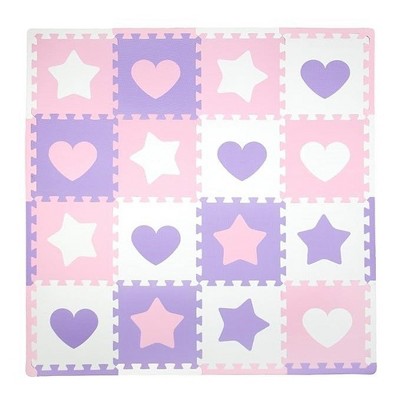 Tadpoles Hearts & Stars Foam Playmats for Kids, 16 Interlocking Foam Tiles, Total coverage 50" x 50", Pink, Purple & White