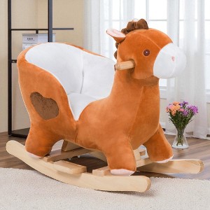 Mshliw Kids Plush Ride-On Rocking Horse Toy, Brown Animal Rocker with Lullaby Sound, Sturdy Wood Base for Boys and Girls, Halloween gift - 1 of 4