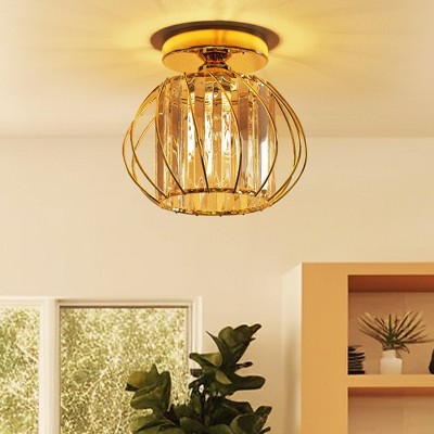 YANSUN 7 in. 1-Light Modern Gold Semi Flush Mount Ceiling Light with Clear Crystal