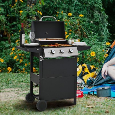 3-Burner Propane Gas Grill in Stainless Steel with Condiment Rack, and Built-in Thermometer
