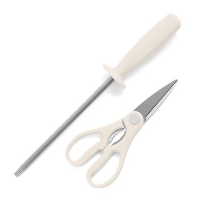 Linen White 14-Piece Stainless Steel Knife Set with Acacia Block